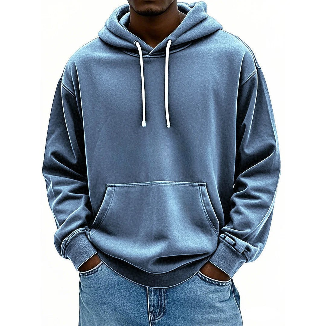 Men's Retro Washed Distressed Lace Up Solid Color Hoodie