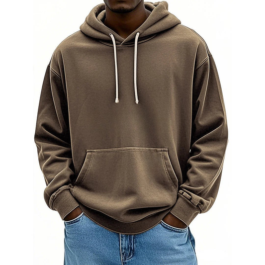 Men's Retro Washed Distressed Lace Up Solid Color Hoodie