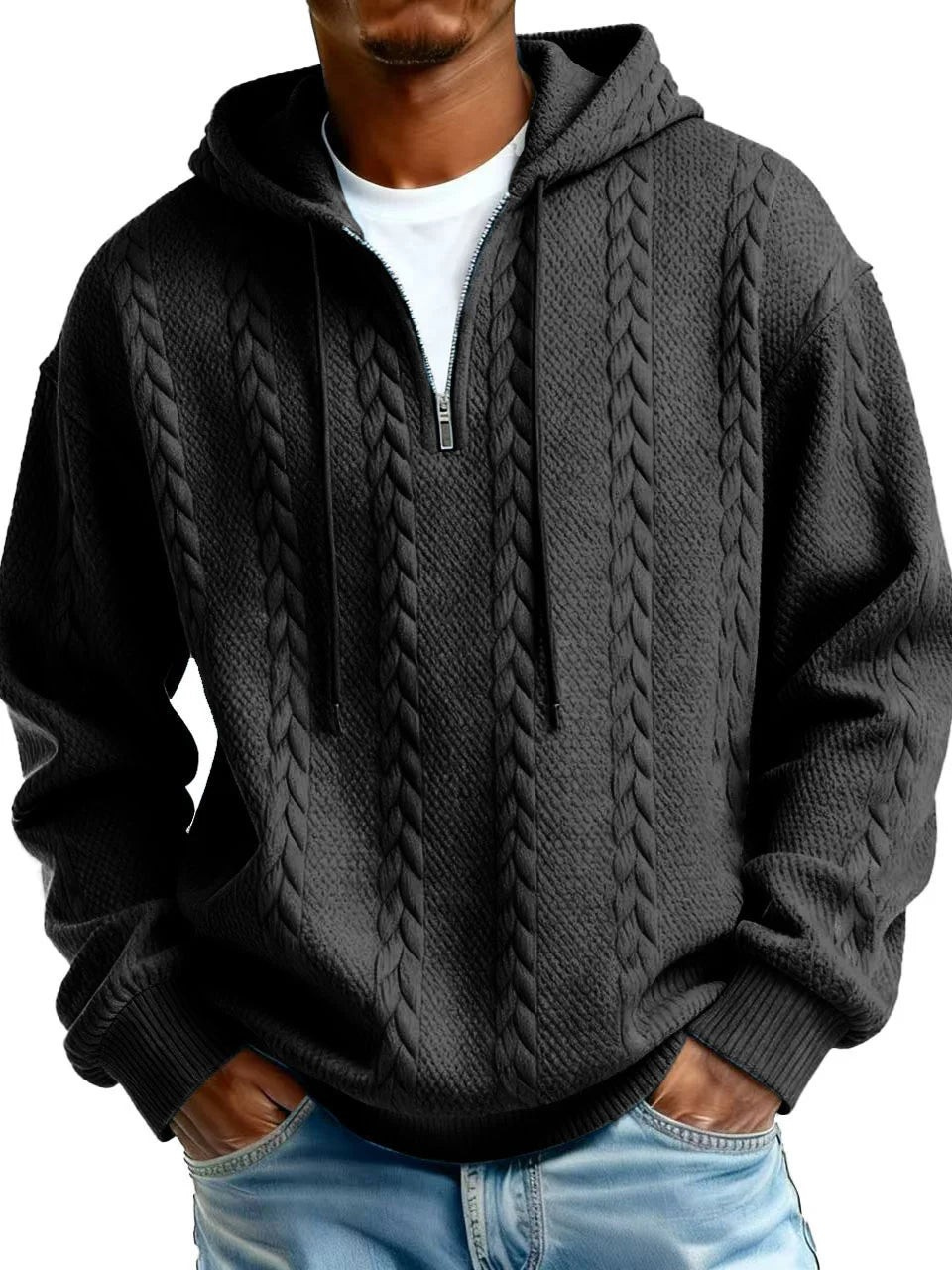 Half Zip Cable-Knit Textured Fleece Hoodie