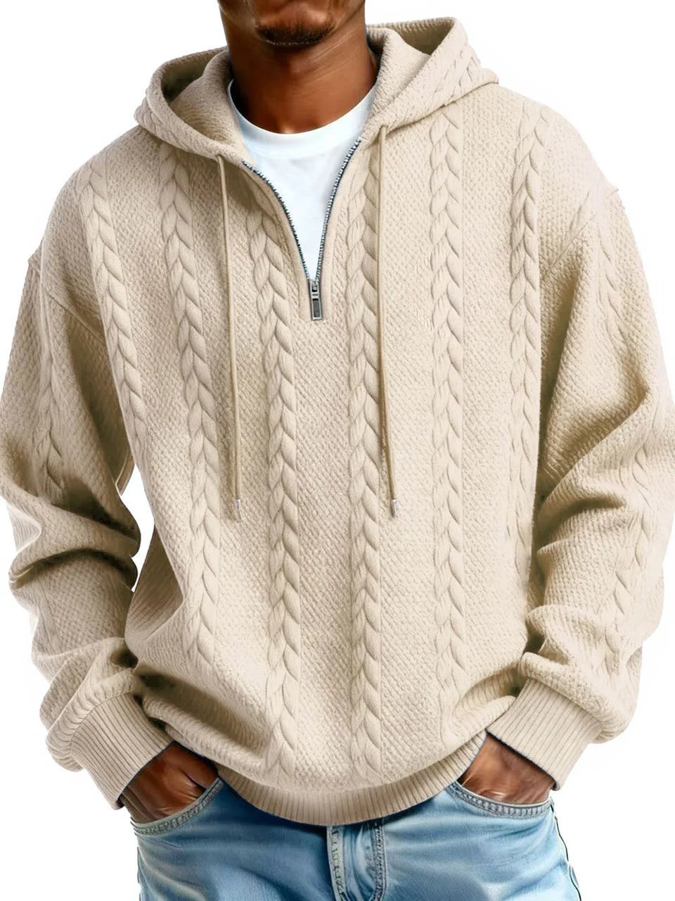 Half Zip Cable-Knit Textured Fleece Hoodie