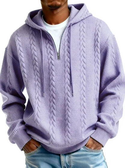 Half Zip Cable-Knit Textured Fleece Hoodie