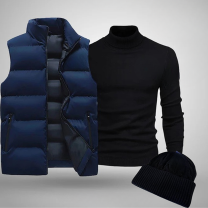 RL Men’s Winter Style Bundle – Black Beanie, Vest and Sweater