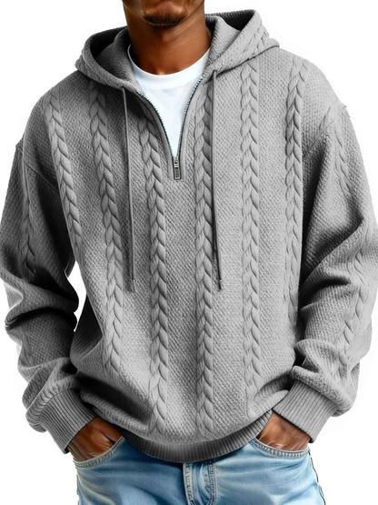 Half Zip Cable-Knit Textured Fleece Hoodie